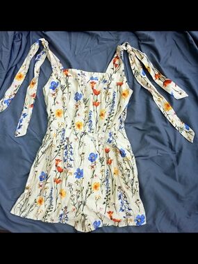 Floral Tie-Shoulder Romper in Cream with Blue & Orange Flowers